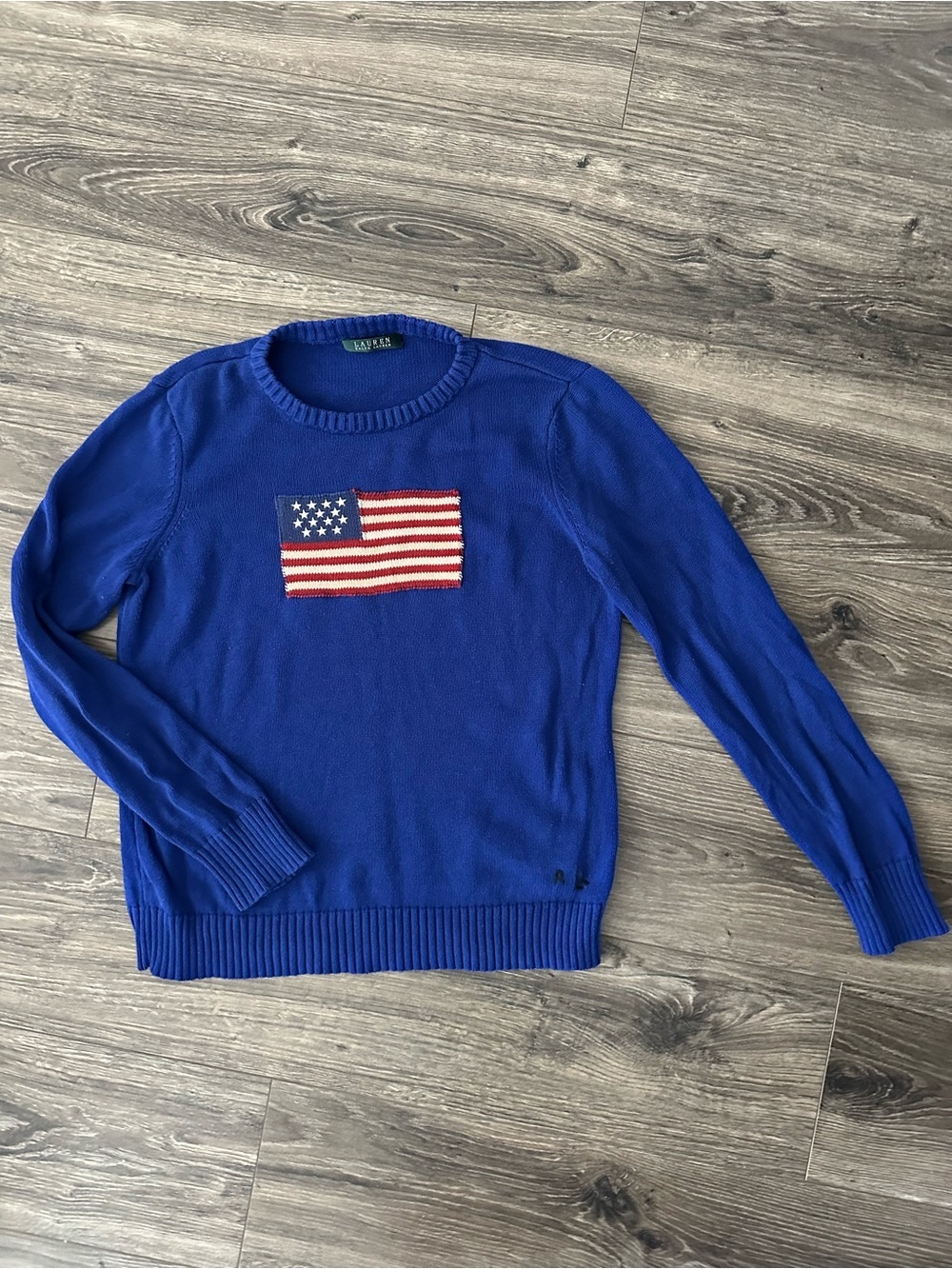 Vintage Lauren Ralph Lauren Cobalt Blue Crewneck Sweater with Flag Patch